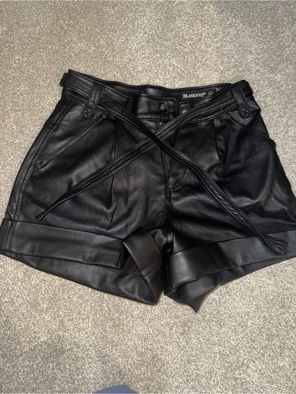 Blank NYC Black Faux Leather High-Waist Tie-Belt Shorts